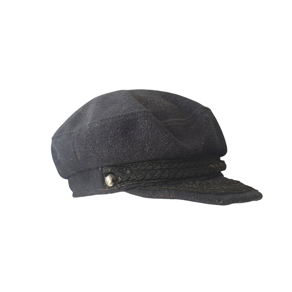Vintage Black Wool Fisherman Cap Hat Greek Sailor Fiddler Union Made XL
